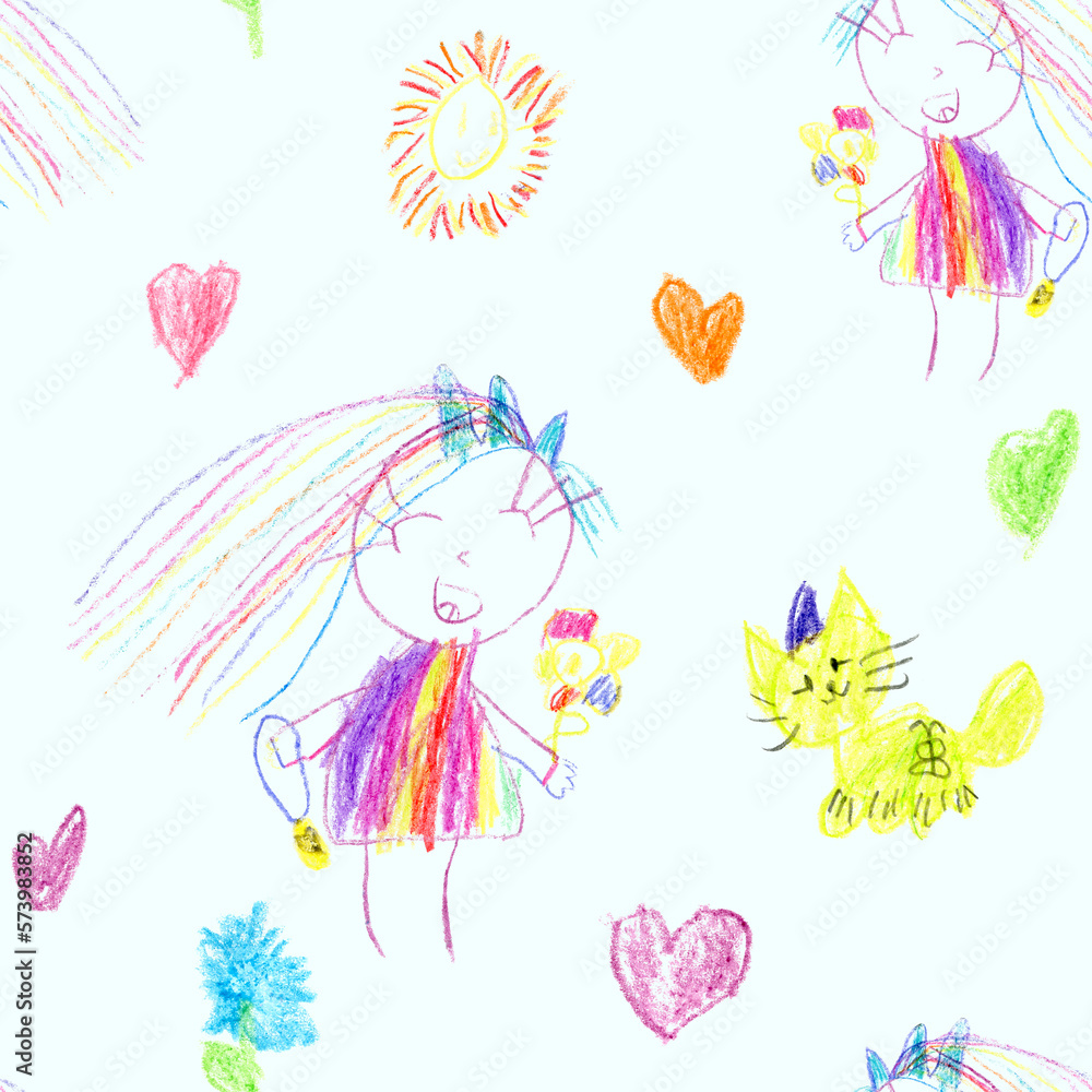 Seamless Pattern With Colored Kid's Crayon Hand Drawn Cat, Girl, Sun and Heart Seamless Pattern With Colored Kid's Crayon Hand Drawn Cat, Girl, Sun and Heart