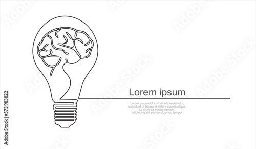 Single continuous line drawing of light bulb with human brain inside. Smart power and psychological company icon label concept. Trendy one line draw graphic design vector illustration