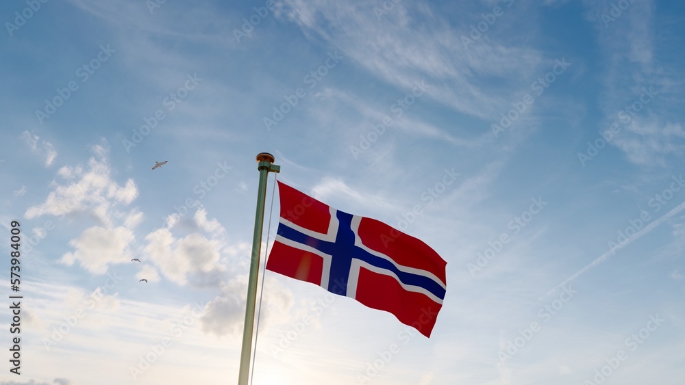 Flag of Norway waving in the wind, sky and sun background. Norway Flag ...