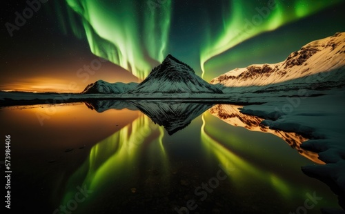 The Northern Light Aurora borealis at Kirkjufell mountain Iceland. Generative AI photo