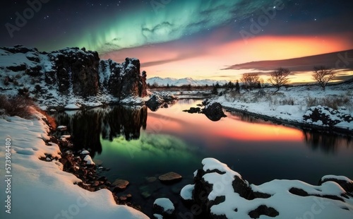 The Northern Light Aurora borealis at Kirkjufell mountain Iceland. photo