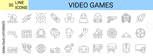 Video games icons set. Game genres and attributes. Lines with editable stroke. Isolated vector icons