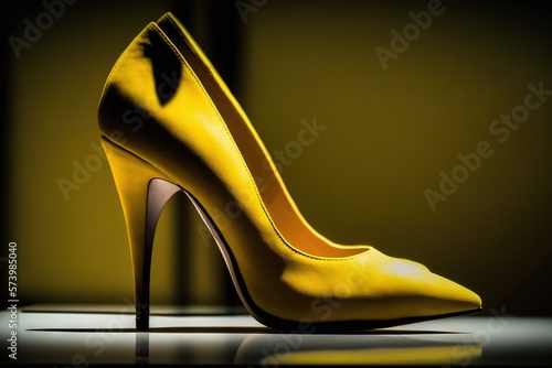  a yellow high heeled shoe on a reflective surface with a yellow background. generative ai