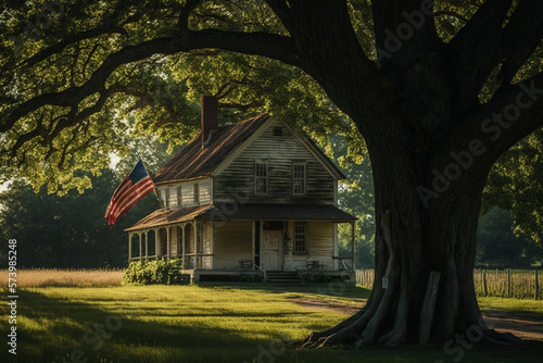 In green field stands an old wooden house with a rustic charm, surrounded by tall trees that sway gently in breeze. The flagpole, situated at front of the house, proudly displays the American flag. Ai