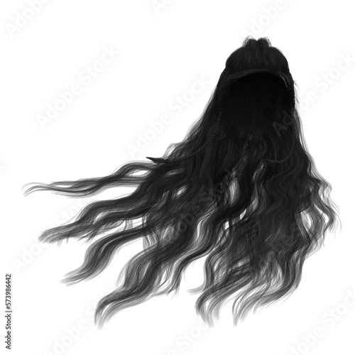 Long hair high fantasy isolated 3d render black hair dark