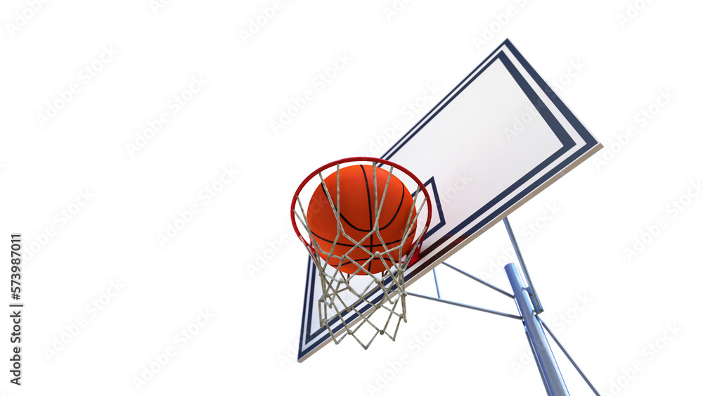 basketball ball hits the basketball net on a white background 3D render