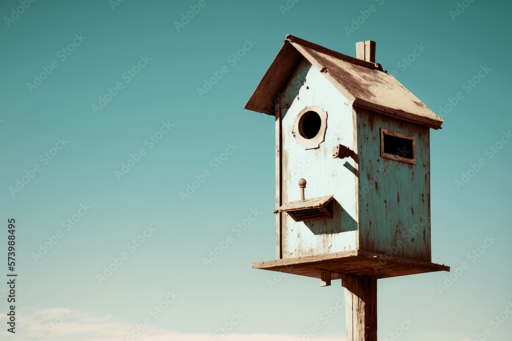 Vertical shot of birdhouse against the clear sky, AI generated.