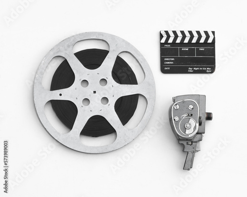 Valokuva old film reel and clapperboard