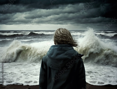 Woman or person is standing at the beach and watching the stormy coastal weather created with Generative AI
