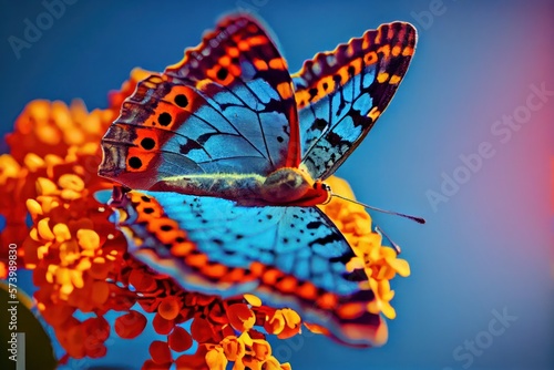 Beautiful Butterfly on Orange Flowers background. Created with Generative AI Technology