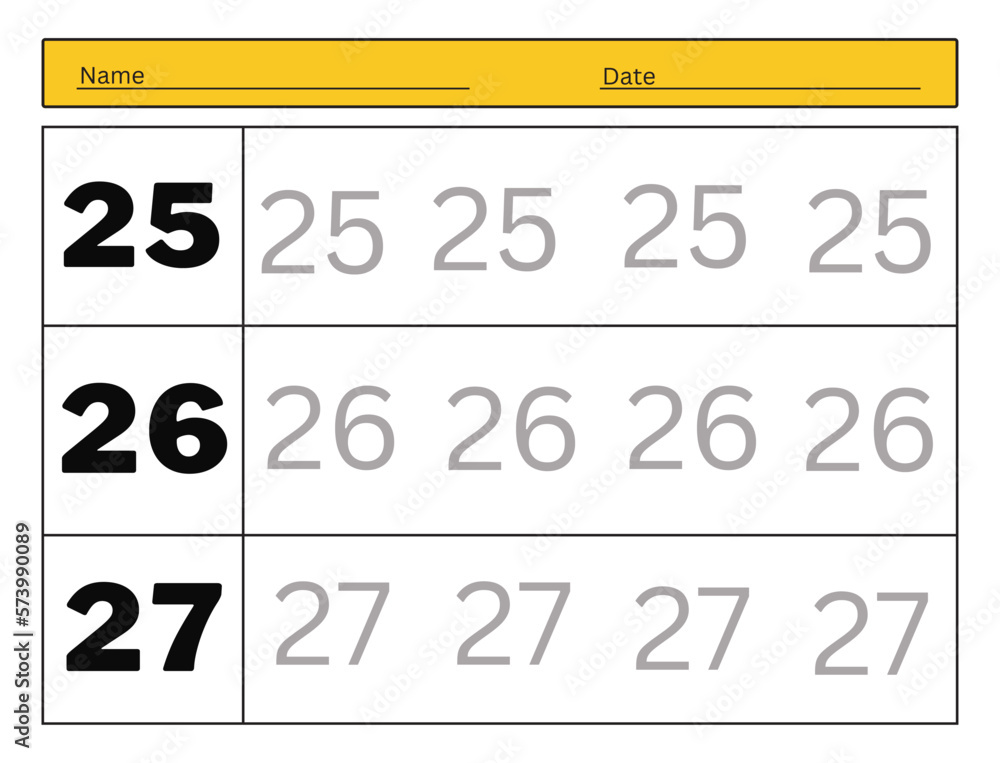 The practice of writing numbers 25, 26, 26. Tracking worksheet count and write The practice of writing numbers 25, 26, 26. Tracking worksheet count and write