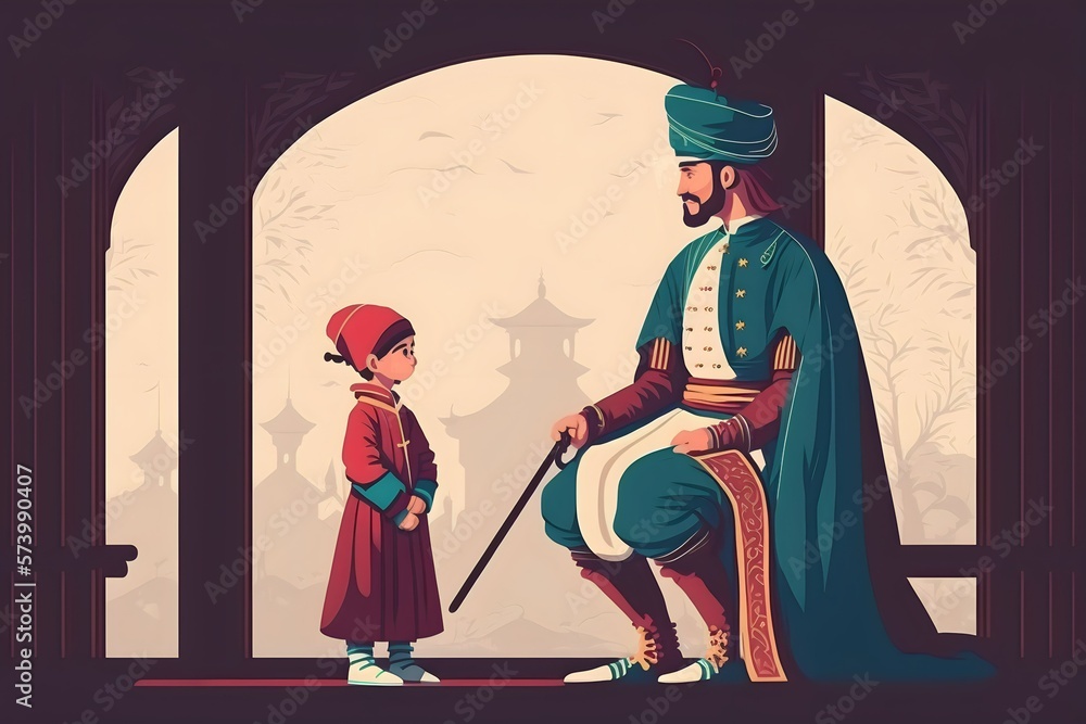 a king teach her son to be a swordmaster, illustation vector art cute, Generative AI