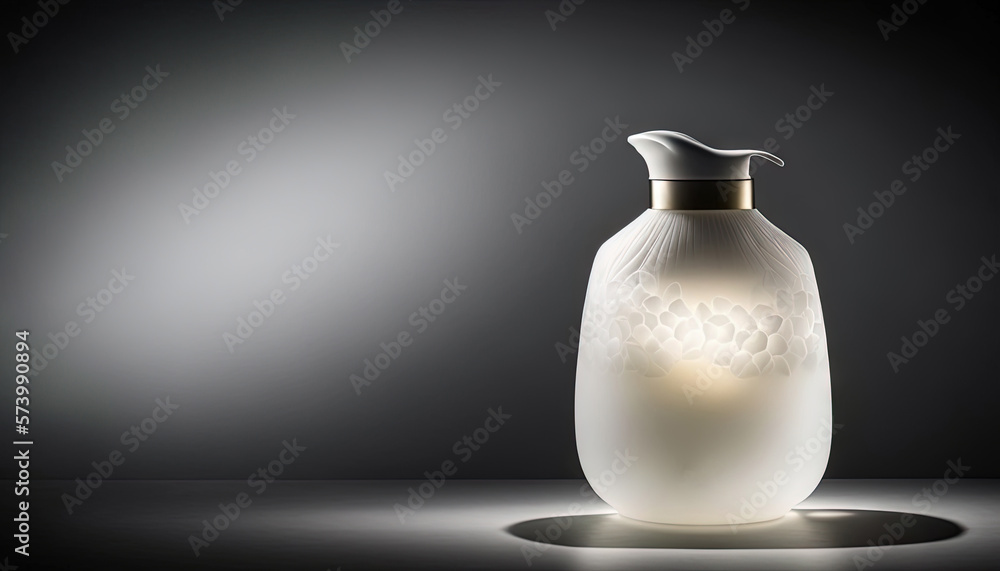 a white vase with a black top on a table with a light shining in the dark room and a spot on the floor behind it. generative ai a white vase with a black top on a table with a light shining in the dark room and a spot on the floor behind it. generative ai