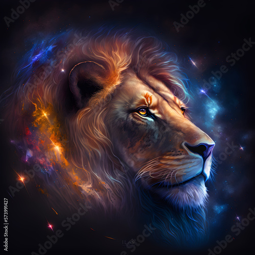 Head Leo Horocope Sign. Lion Ai Generated Illustration. Outer Space Background. Lunar Zodiac.