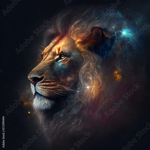 Leo Lion Horoscope Sign. Ai Generated Illustration. Outer Space Background. Lunar Zodiac.