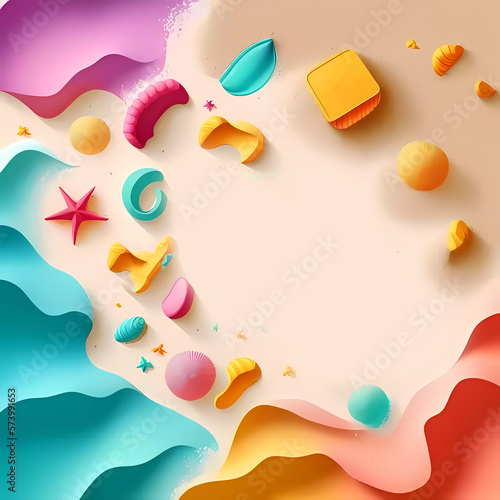 Summer beach vector background design. colorful beach elements in white sand for tropical season design. generative ai