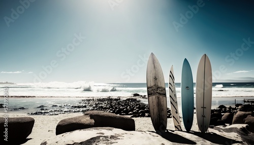  three surfboards leaning against a rock on a beach with the ocean in the background.  generative ai