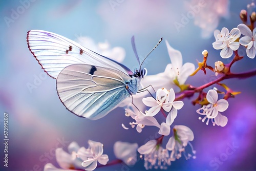 Beautiful Butterfly on White Flowers background. Created with Generative AI Technology © EzhmaStudio