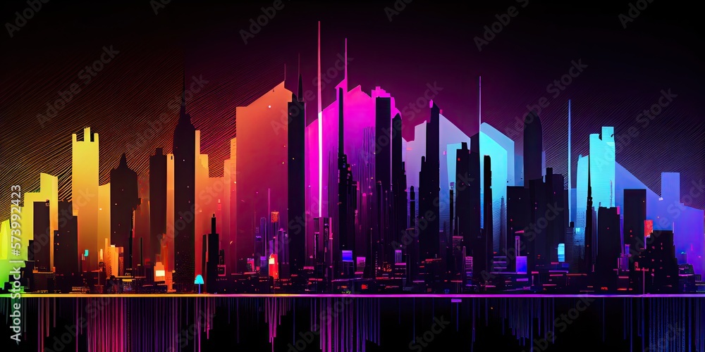 Neon city skyline, impressionism. City of Lights. Generative AI.