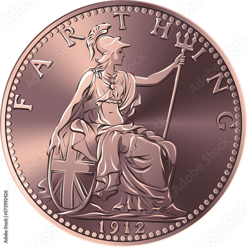 Vector money bronze coin British farthing, Britannia on reverse