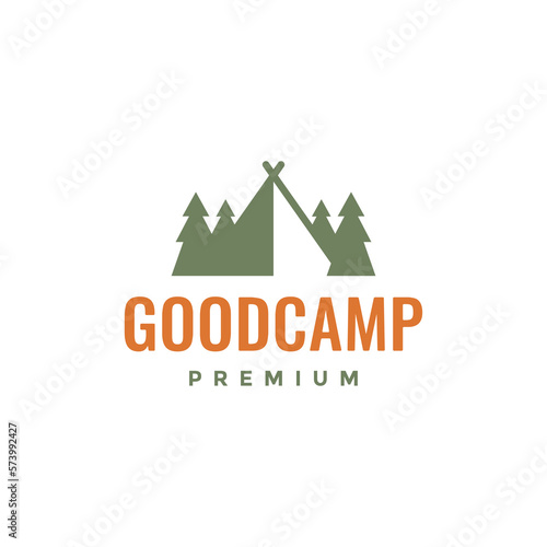 pine forest tree camp tent outdoor holidays season outdoor hipster vintage logo design vector icon