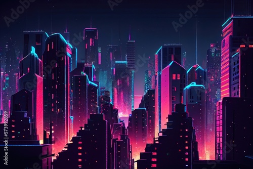 Neon city skyline  impressionism. City of Lights. Generative AI.