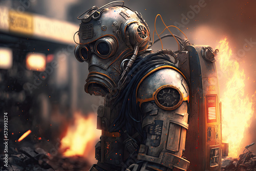 Heroic robot, android, droid, cyborg firefighter putting out hot flames, wearing uniform and mask. Dangerous, gas masks, fire, red, orange, high temperature, war, battle, 
