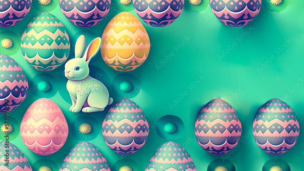 3D Render of Cute Bunny or Rabbit Character Sitting On Colorful Floral Easter Eggs With Flowers Decorative Background And Copy Space. Easter Day Concept.