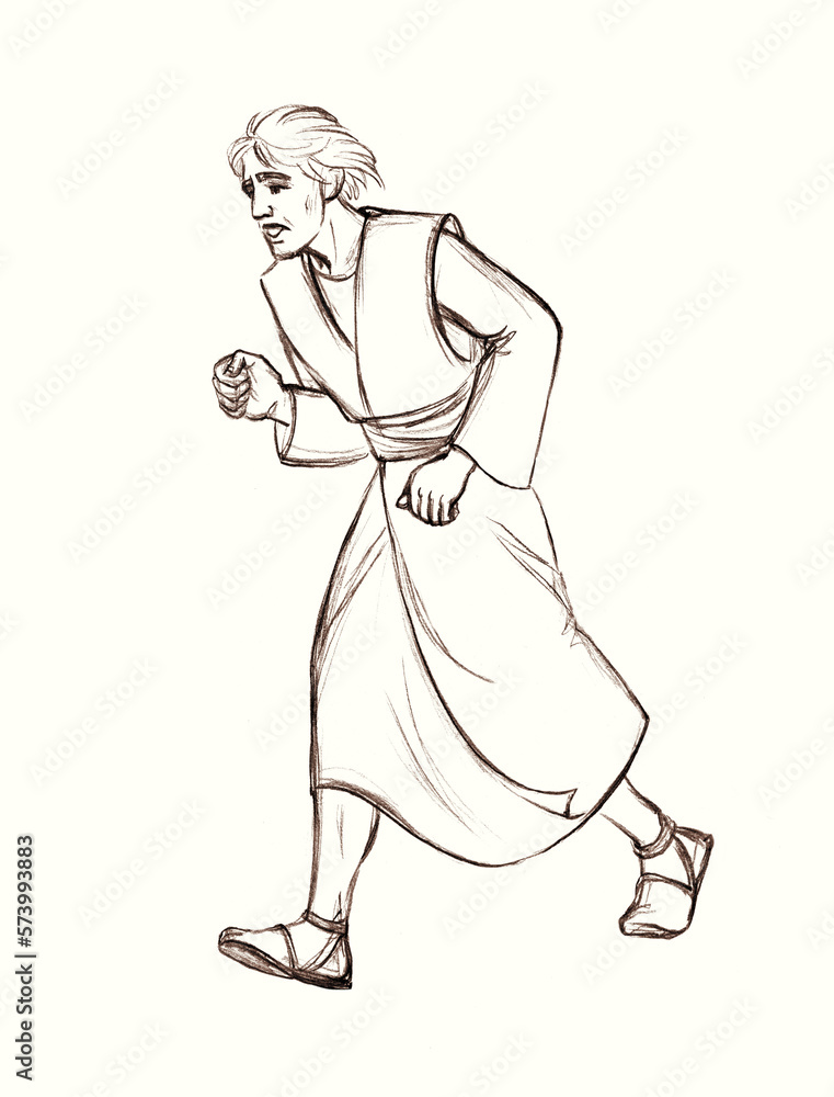 Pencil drawing. Peter and John run to the tomb of Jesus Pencil drawing. Peter and John run to the tomb of Jesus