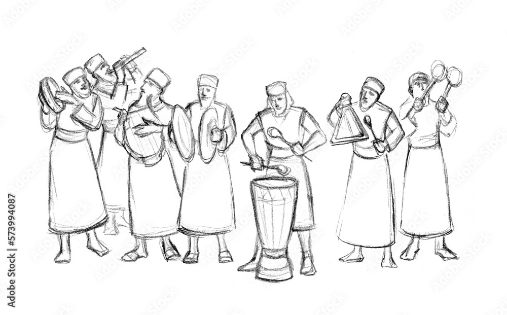 An ancient orchestra is playing. Pencil drawing An ancient orchestra is playing. Pencil drawing