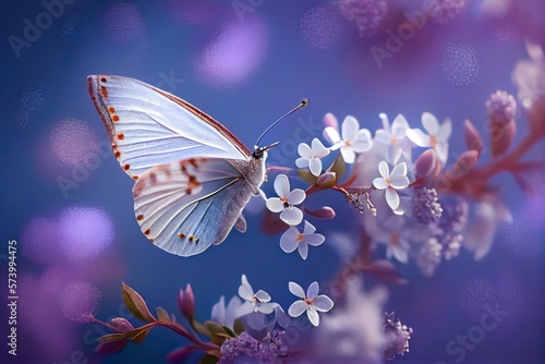 Beautiful Butterfly on White Flowers background. Created with Generative AI Technology