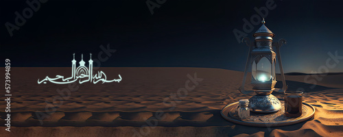 Arabic Islamic Calligraphy of Wishes (Dua) Bismillahirrahmanirrahim (in the name of Allah, most gracious, most merciful) And 3D Render of Lit Lantern, Glass At Plate On Sand Dune.