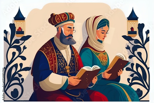 couple muslim reading quran together at mosque, Generative AI
