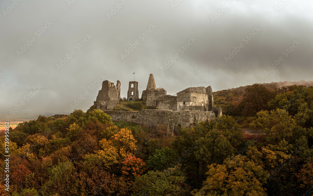 Doba castle in Somlo hill Hungary. Amazing monument fort ruins from Middle age. Amazing fall colored landscape.