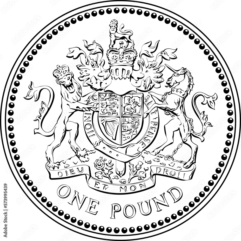 British money gold coin one pound with the image of a heraldic lion, unicorn, shield and crown, black and white