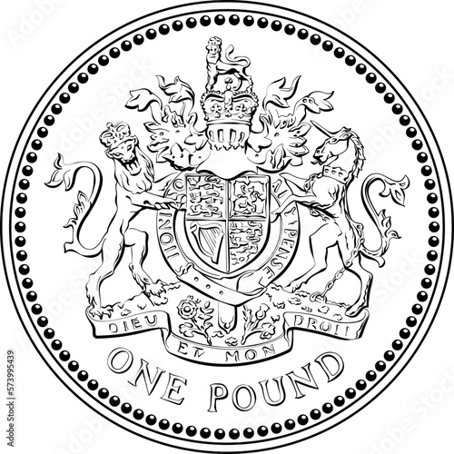 British money gold coin one pound with the image of a heraldic lion, unicorn, shield and crown, black and white