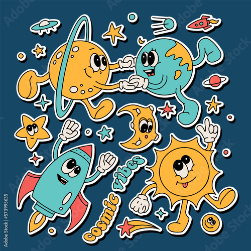 Retro cartoon character mascot of the sun, planets, moon, stars with hands in gloves. Stickers set with funny mascots in the style of the 80s. Hand drawn vector illustration. Cosmic vibes