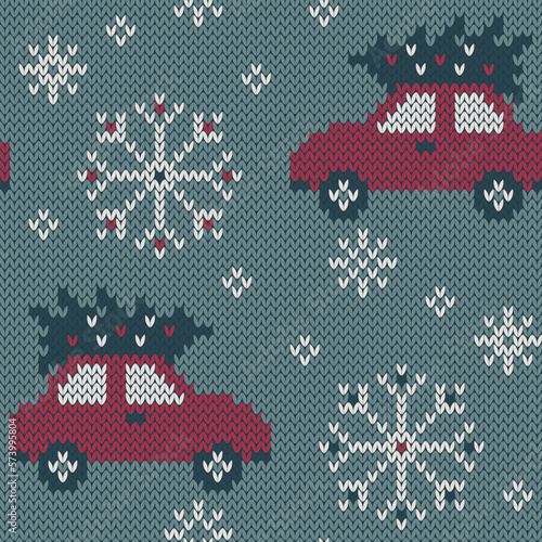 Christmas tree on car jacquard knitted seamless pattern. Winter background for socks or sweater design. Trendy 8 bit game style. Vector illustration.	