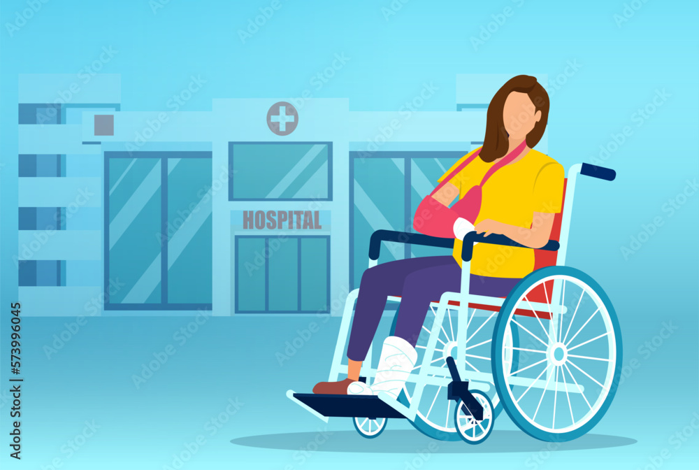 Vector of a sad woman with leg and arm fracture sitting in a wheelchair on a hospital background Vector of a sad woman with leg and arm fracture sitting in a wheelchair on a hospital background