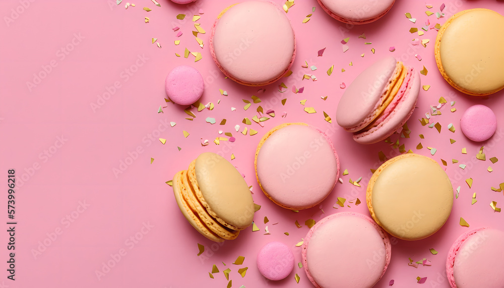 Sweet Pastel Color of Macaron, Macaroon with Confetti Ornaments on Pink Background with Blank Space, Flat Lay Style