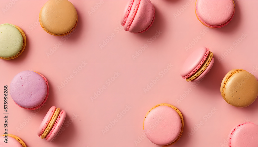 Sweet Pastel Color of Macaron, Macaroon with Confetti Ornaments on Pink Background with Blank Space, Flat Lay Style