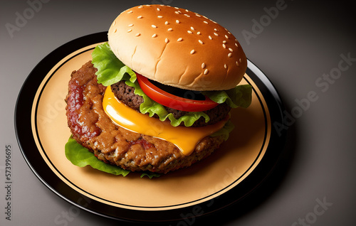 Fresh burger on a beautiful plate and black background, Top view close up. Delicious Sandwich with salad, cheese and tomato. Generative AI.