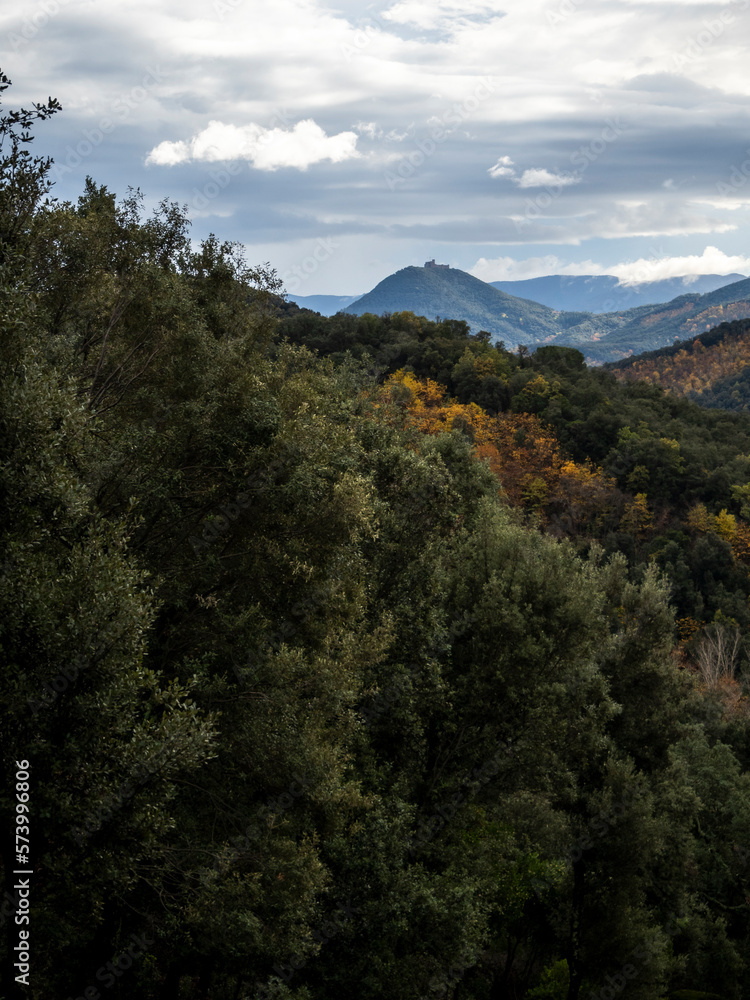 imagen de un paisaje con una montaña de fondo y un valle repleto de árboles con el cielo azul y nubes imagen de un paisaje con una montaña de fondo y un valle repleto de árboles con el cielo azul y nubes