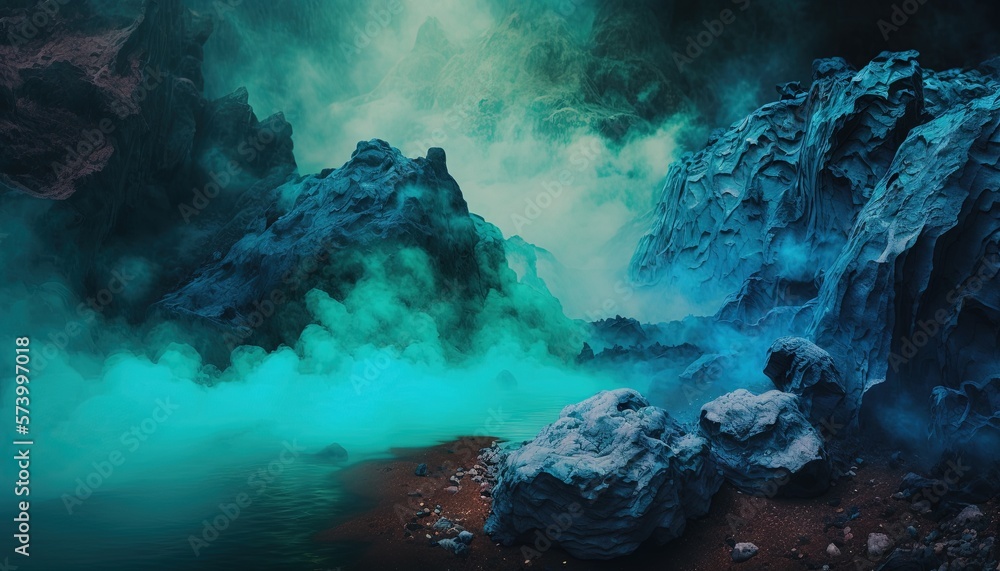 a body of water surrounded by rocks covered in blue smoke and steam rising from the water's surface, with rocks in the foreground.  generative ai
