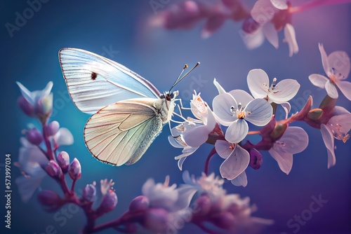 Beautiful Butterfly on White Flowers background. Created with Generative AI Technology © EzhmaStudio