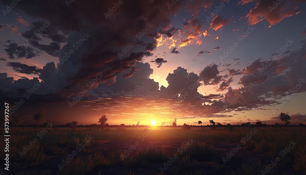  the sun is setting over a field with grass and trees in the foreground and clouds in the sky in the background, with a few clouds in the distance.  generative ai