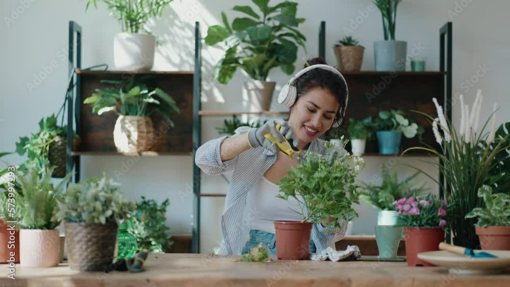 Video of beautiful smiling woman arranging plants and flowers while listening music in a greenhouse