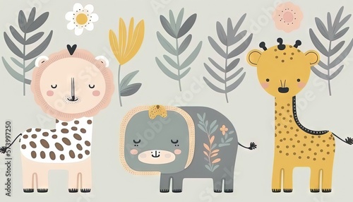  a couple of animals standing next to each other on top of a field of grass and flowers on a gray background with a giraffe, a giraffe, a giraffe, a lion, and a flower and a. generative ai