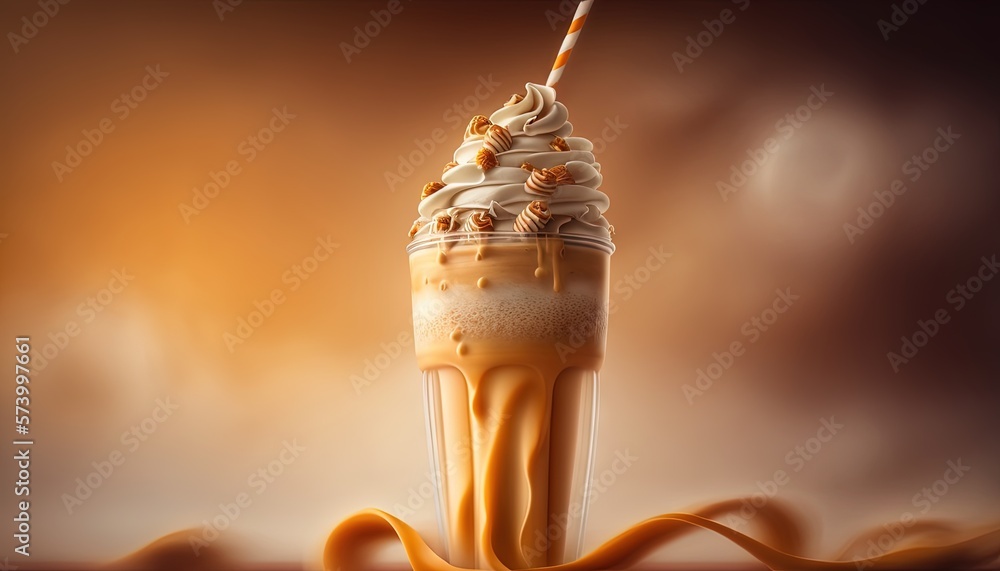  a glass of ice cream with a straw in it and a swirl around the edge of the glass, with a brown liquid pouring out of ice cream on top.  generative ai