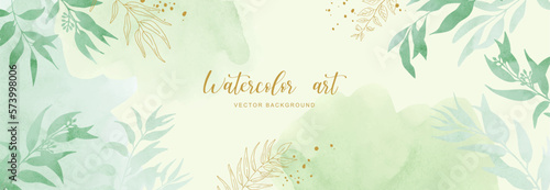 Green leaves horizontal banner. Wild herbs, eucalyptus leaves, line art on hand drawn splash background. Greenery and organic card or frame. Watercolor style card. Vector illustration.